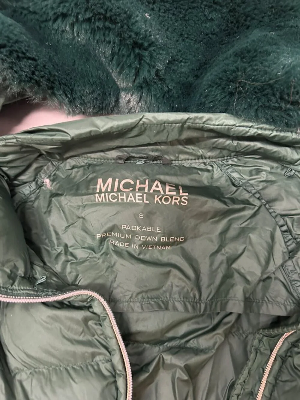 Michael Kors Green Puffer Jacket With Detachable Fur